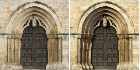 Figure 1: Portada de la Oliva, Asturias, Spain.Orhtoimagesof the same object generated from photographs taken either incloudy conditions (left) or under direct sunlight (right).