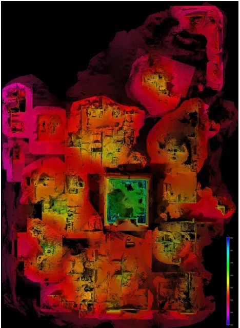 Figure 7. Orthophoto of the complex. The images is visualized as a depth map to better understand the different elevation of the buildings