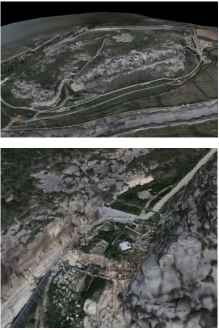 Figure 7. Multi-resolution 3D model of the archaeological settlement (up). Detailed 3D model of the “Reguerón” (down)