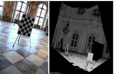 Figure 3:The calibration board seen from Irma3D in theW¨urzburg Residence as photo (left) and point cloud (right).