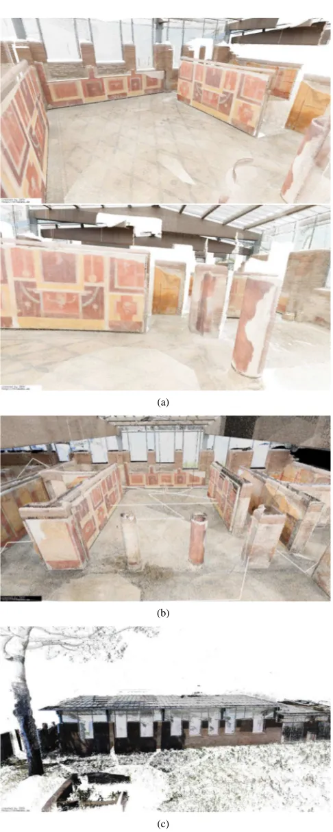 Figure 6: The model of the garden house in Ostia Antica. (a)two views of the data acquired on the ﬁrst day