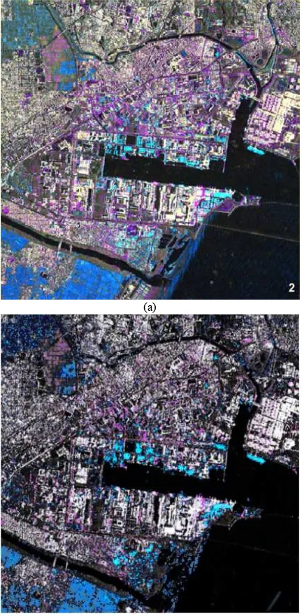 Figure 3 shows the comparison between the thematic map and the false-color image in Sendai harbor area
