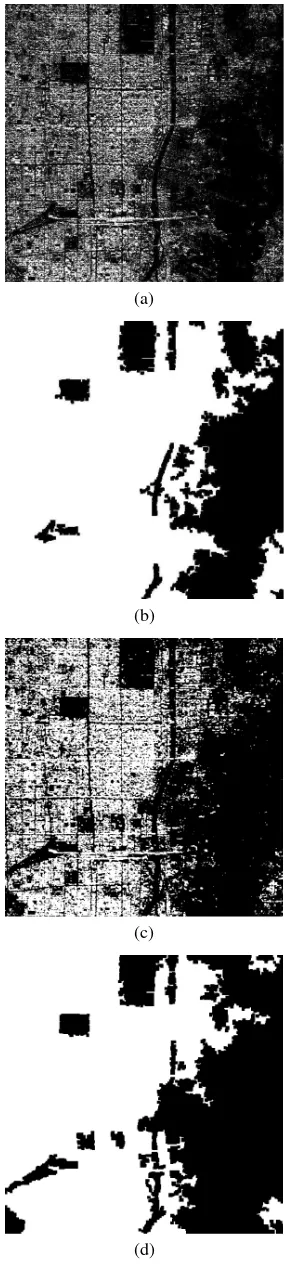 Figure 9. Comparison of classiﬁcation results in study area 2.(a)(b) Results by using the proposed method before and afterpost-processing, respectively, and (c)(d) the result by using themethod of Esch et al.(2013) before and after post-processing, re-spectively.