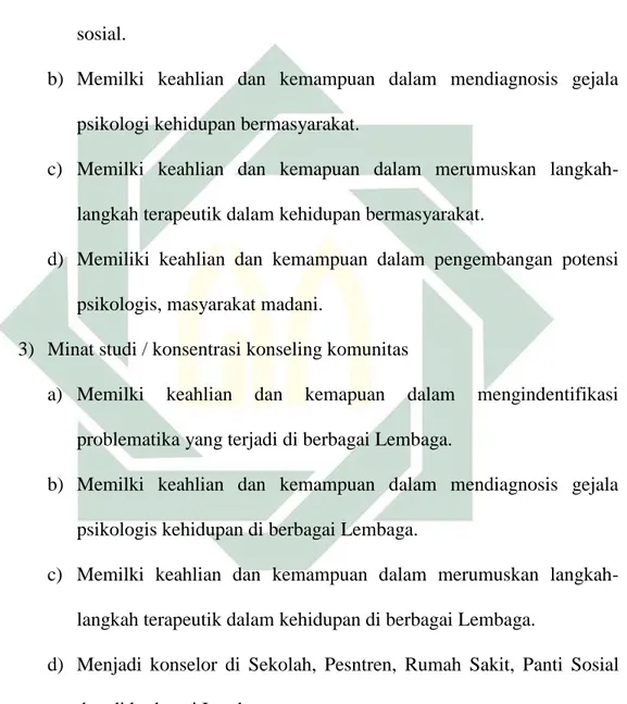 Tabel 3.2 profil lulusan mahasiswa Bimbingan Konseling Islam  Konseling Keluarga  Konseling Masyarakat  Konseling Komunitas  Pembimbing pra-Nikah  Terapis Islam  Pembimning  Rohani  Islam 