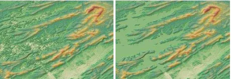 Figure 2. Left: WorldDEMcore (unedited); Right: WorldDEM (edited) Site: Lake Ouachita, Hot Springs, Arkansas, USA  