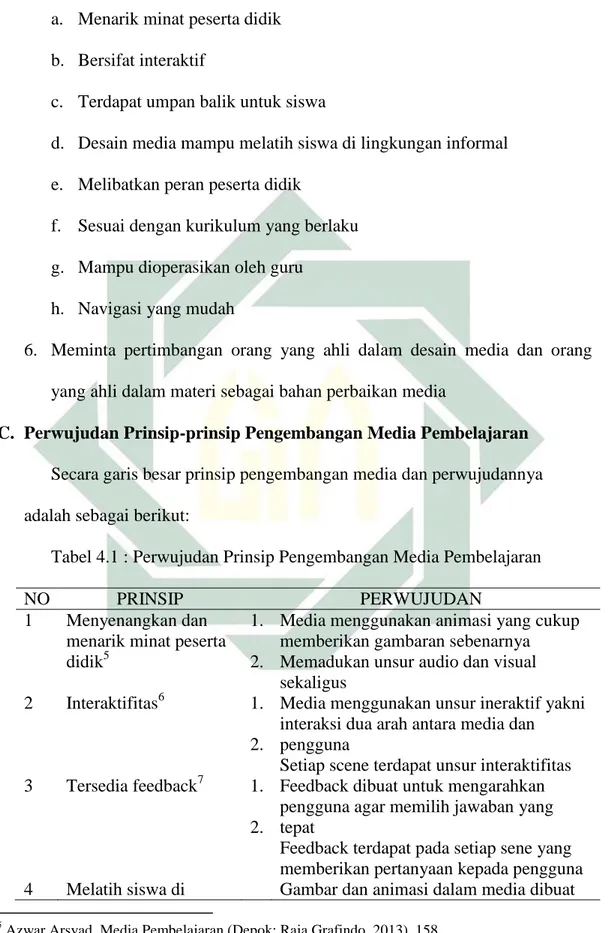 Tabel 4.1 : Perwujudan Prinsip Pengembangan Media Pembelajaran  