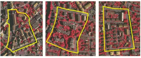 Figure 1. Test sites of scene Vaihingen. ’Inner City’ (Area 1,left), ’High-Riser’ (Area 2, middle) and ’Residential’ (Area 3,right) (Rottensteiner et al., 2014)