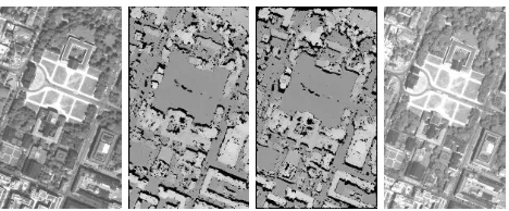 Figure 1. First pan image, height map ﬁtting on ﬁrst pan image,height map ﬁtting on second pan image, second pan image (l.t.r.),300 m × 500 m each