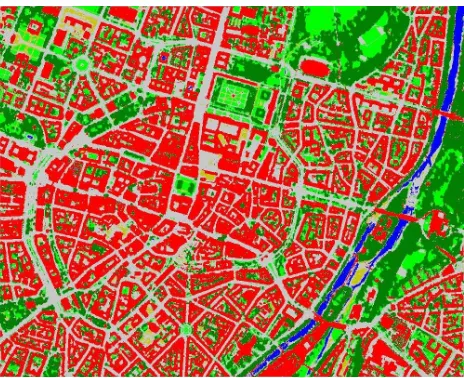 Figure 9. Fused classiﬁcation Munich, 2500buildings, dark green: trees, green: grass, blue: water, brown: m × 2000 m, red:soil, gray: roads/sealed surfaces