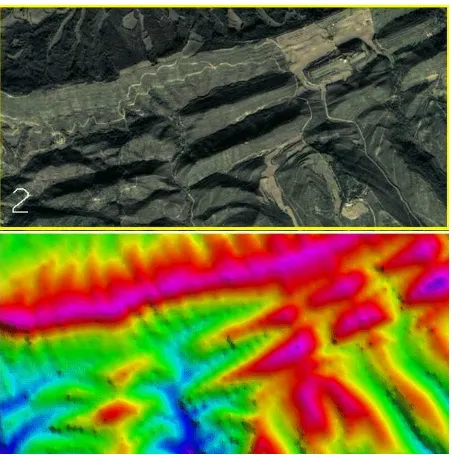 Figure  3. Above: test area 2, 4km x 2km, max. elevation difference dh: 250m. Below: Colour coded representation of the 