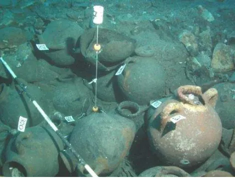 Figure 2. The amphorae lying on the sea bed, after the discovery of the wreck, August 2000