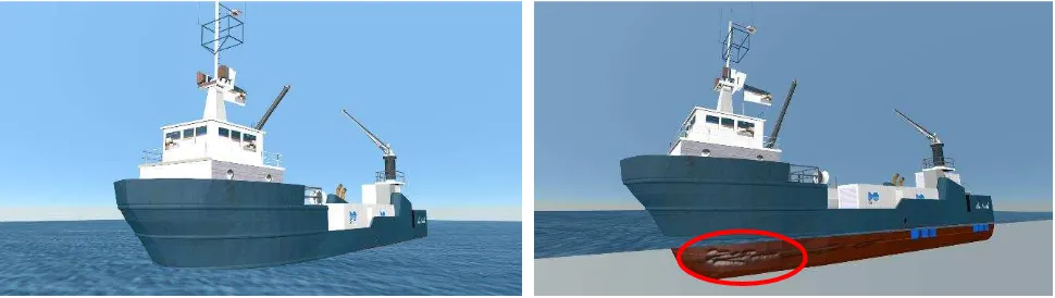 Figure 1. A ship whose hull (immersed part) has been damaged after a collision. The paper presents a low-cost but reliable and precise image-based methodology for the surveying of the emerged and submerged parts of the ship