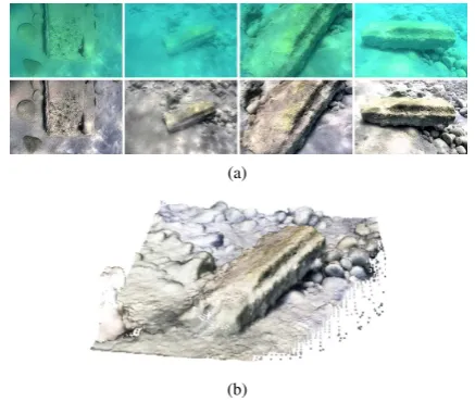 Figure 9: 3D model (b) obtained from a color corrected datasetof underwater images (a).