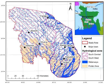 Figure 1. Overview of study area, located in the south-west of Bangladesh. It contains two hydrological zones, south-central and south-west