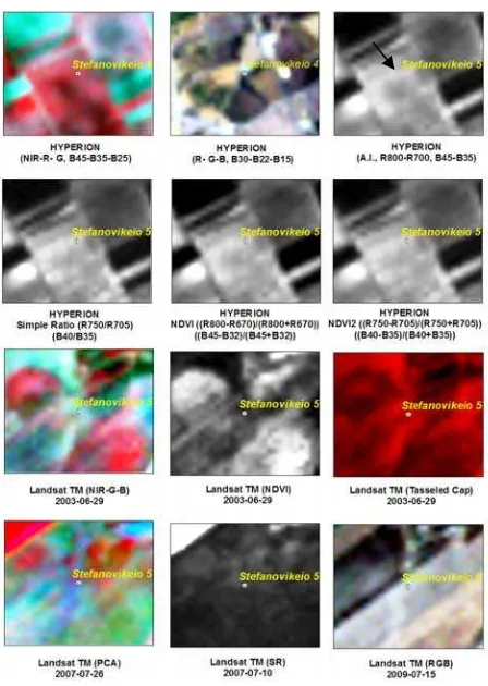 Figure 4. Application of different algorithms for the detection of crop marks in EO- Hyperion and Landsat data over the archaeological site of Stefanovikeio  in Thessaly (Greece)