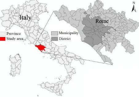 Figure 1. Geographic location of the Urban Atlas dataset used: Province of Rome, region of Lazio, Italy 