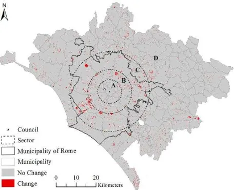 Figure 5. Study area divided by sectors with generic change patches in red. (A) Urban centre; (B) intermediate peri-urban 