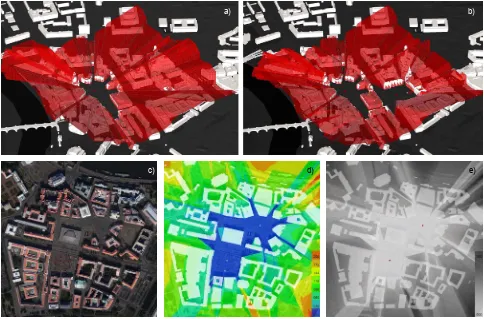 Figure 5. Calculating VPS surfaces for 2 squares in Dresden: a) VPS for single view point, b) VPS for two view points; c) ortophotomap of section of Dresden with points marked; d, e) VPS map defining height limits for new buildings