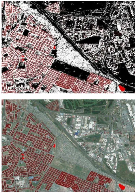 Figure 4. Cape Town.  Comparison of SBC points (red dots and polygons) with built-up mask (top) and reference image 