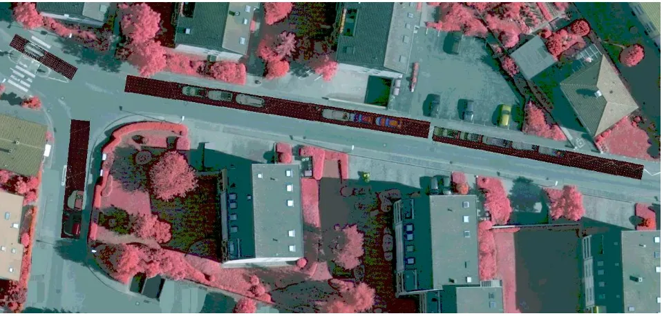 Figure 4. This figure depicts the output of colour image segmentation. The output is much better, but still some vehicles in shadow are not properly recognisable
