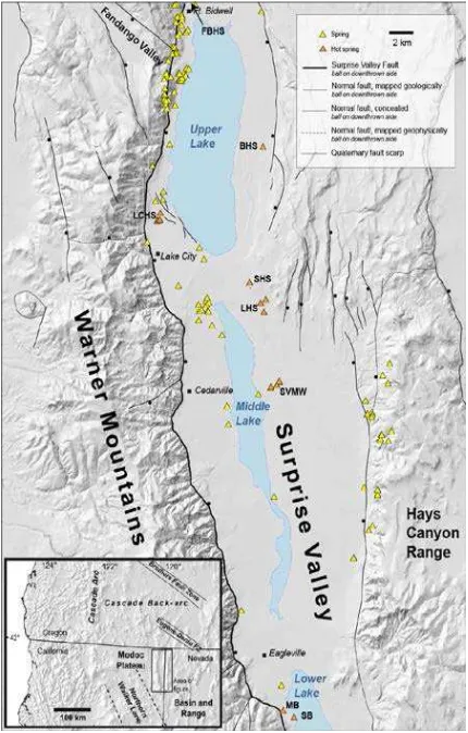 Figure 4. Fault and geothermal features in Surprise Valley, CA[from J. M. G. Glen, U. S