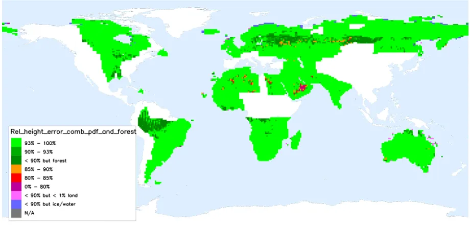 Figure 6. Global map showing confidence level for relative height accuracy (2 m for flat and 4 m for steep terrain) per DEM tile (status February 2015)
