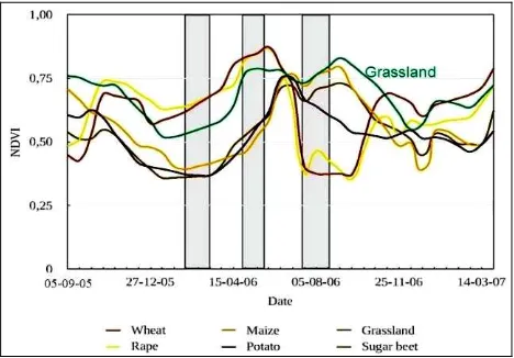 Figure 2: Average phenology curves derived from MODIS NDVI for wheat, rape, maize, potatoes, sugar beets and grassland showing potential intervals for a separation of cropland and grassland (grey intervals; source: Metz, 2009, modified)