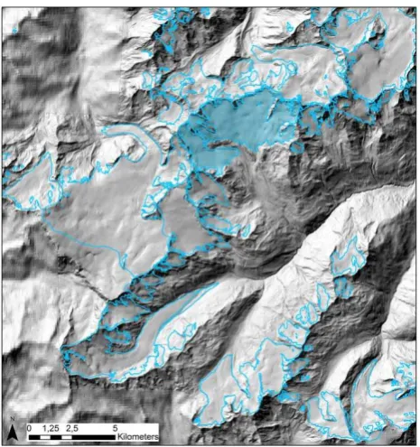 Figure 1. Digital Elevation Model (composite of the airborne laser scanning DEM (Abermann et al., 2012) and SRTM DEM) of the Hinteres Oetztal with the glacier boundaries whereas the Vernagtferner is colored in blue (Abermann et al., 2012)  