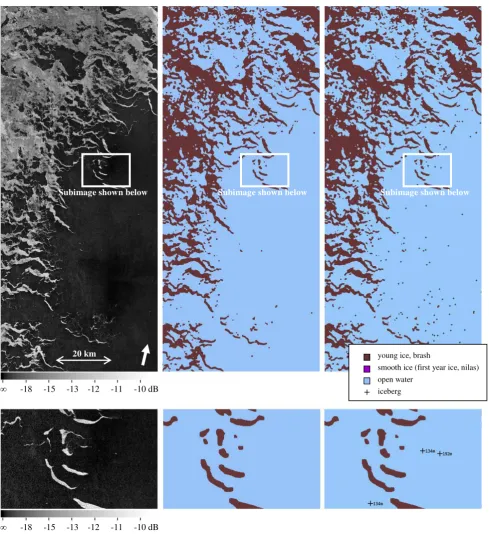 Figure 6. Section of a calibrated TerraSAR-X WideScanSAR image taken on 2014/05/24 over Baffin Bay off the western Greenland coast (left, top row), corresponding output of the sea ice classification step (in the middle, top row) and output of the processor