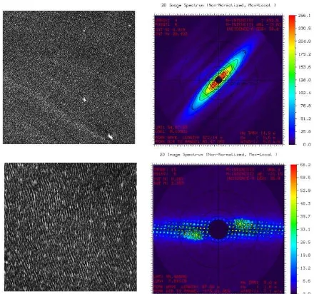 Figure 2. Examples of artefacts in TerraSAR-X sub-images (left) influence spectra (right) and consequently integrated energy: ships (above) and wind park (below)