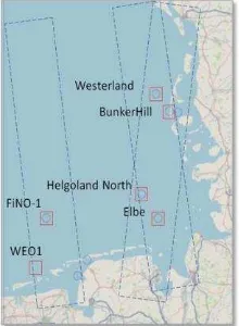Figure 6. Uncertainties for comparison of TS-X derived sea state and buoy: TerraSAR-X Stripmap typical analysis with subscenes (left) and subscene with buoy (right); buoy represents statistics of a sector with sea state propagating to buoy (red marked area