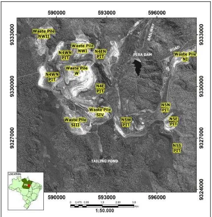 Figure 1. Location of Carajás iron complex in the Brazilian Amazon region (Pará State), showing the open pits, waste piles and related mining infrastructures