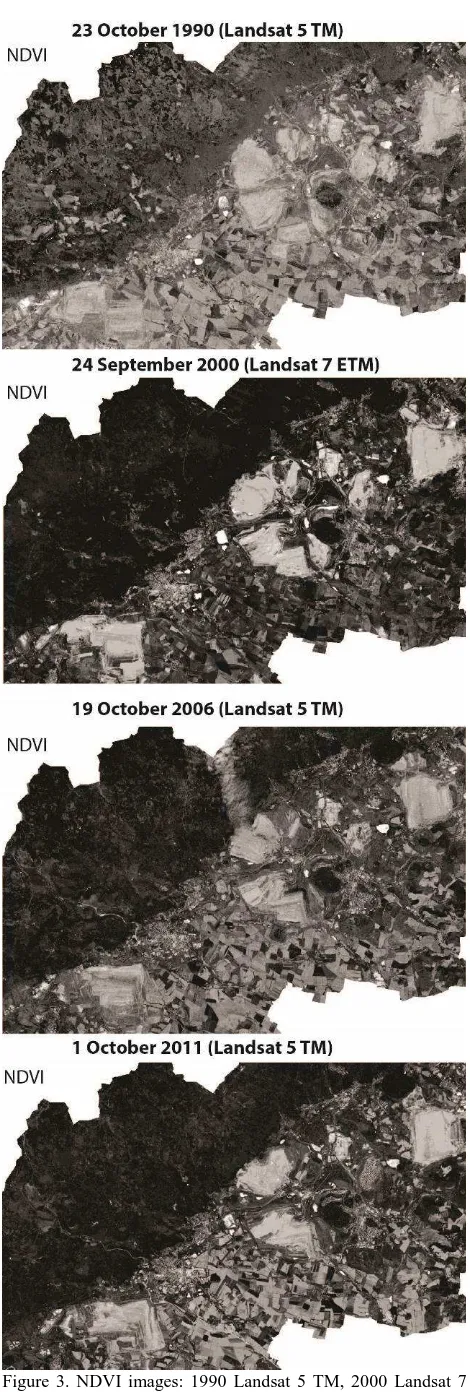 Figure 2. Multispectral images: 1990 Landsat 5 TM, 2000 Landsat 7 ETM+, 2006 Landsat 5 TM and 2011 Landsat 5 TM