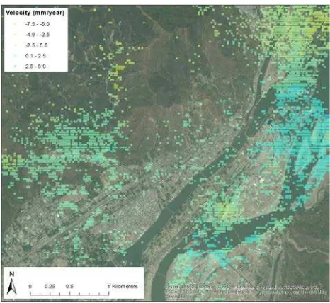 Figure 8: Mean velocity map for the Mansa Devi hill area (and the town of Haridwar) using the EnviSAT Track 291 image data: Esri, DigitalGlobe, GeoEye, i-cubed, USDA, USGS, AEX, stack processed with SARscape's SBAS workflow
