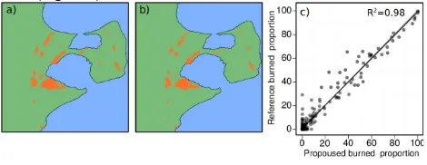 Figure 4: Spatial distribution of burned areas a) on the