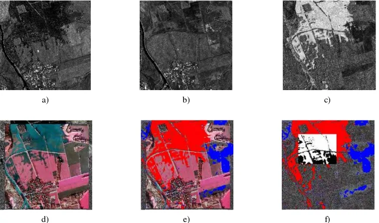 Figure 2: Study area of Halle, Germany. Subsets of TerraSAR-X amplitude data (© DLR 2013) of a) 17/01/2011 and b) 08/02/2011,  c) intensity ratio image between b) and a), d) co-registered aerial RGB image data, e) classification based on the hypothesis tes
