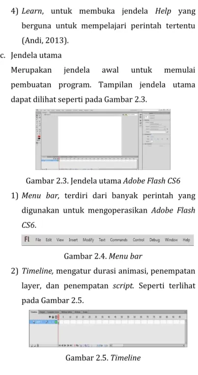 Gambar 2.3. Jendela utama Adobe Flash CS6  1) Menu  bar,  terdiri  dari  banyak  perintah  yang 