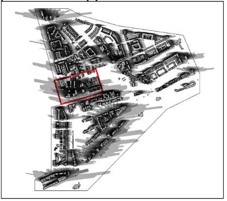Figure 7. Frankfurt – shadow in main green public space by concentrated tall buildings (cityGML – LOD2), by: author 