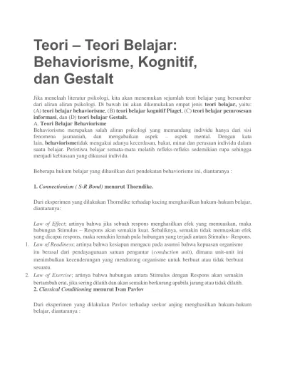 Teori Teori Belajar: Behaviorisme, Kognitif, Dan Gestalt