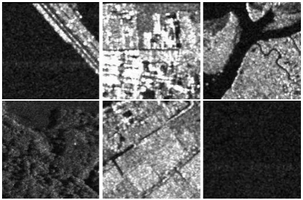 Figure 2: Examples of TerraSAR-X image content. The sub-sences represent (left-right) bridges, high density urban area,river, forest, agricultural area, and ocean.