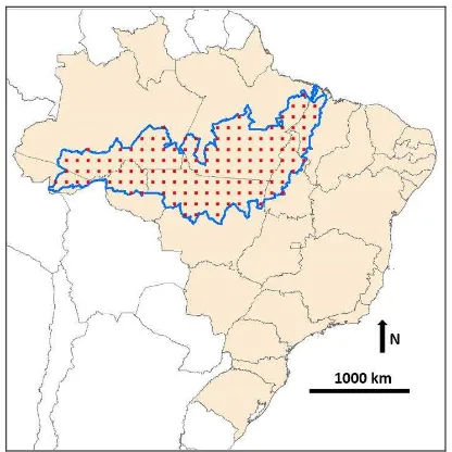 Figure 1. Regular sample grid (red squares) within the Arc of Deforestation (blue line), Brazilian territory in light orange 