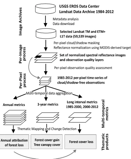 Figure 1. Algorithm for Landsat archive data processing and characterization. See Potapov et al., 2014 for details 