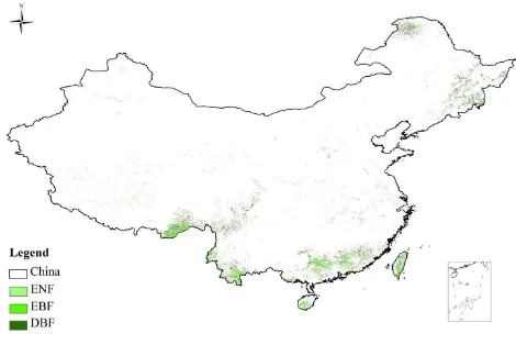 Figure 1． The spatial distribution of three selected forests in China 