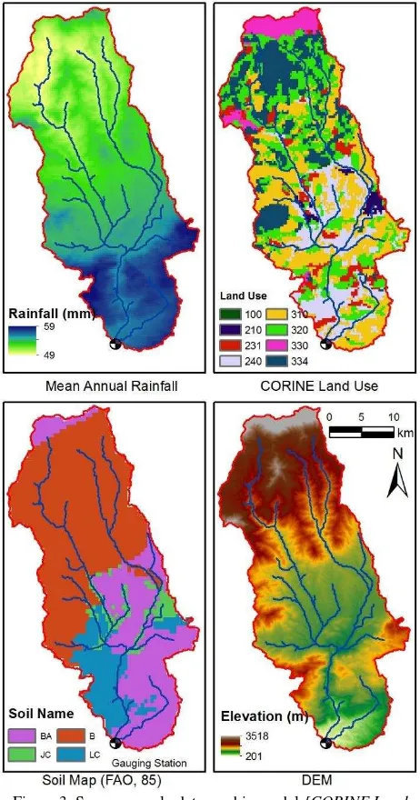 Figure 3. Some example data used in model [CORINE Land Pastures and grassland, 240: Heterogeneous agricultural land, Calcaric Cambisol, B: Cambisol, JC: Calcaric Fluvisol, LC: Cover Map (100: Artificial land, 210: Arable land, 231: 310: Forests, 320: Scrubs, 330: Bare land 334: Degraded forests, 400; Water surfaces and wetland) Soil Name (BA: Chromic Luvisol)] 