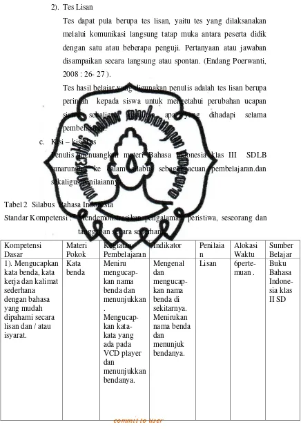 Tabel 2  Silabus  Bahasa Indonesia  