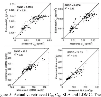 Figure 5. Actual vs retrieved Cm, Cw, SLA and LDMC. The solid line shows the1:1 relation