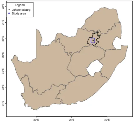 Figure 1: Map of South Africa showing the location of Johannes-burg (denoted by a dot) and the study area as indicated by a bluerectangle.