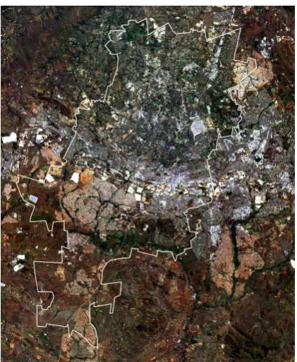 Figure 2: Landsat 7 image (15 March 2003) of the study area.The white boundary line indicates the extent of Greater Johan-nesburg Metropolitan area