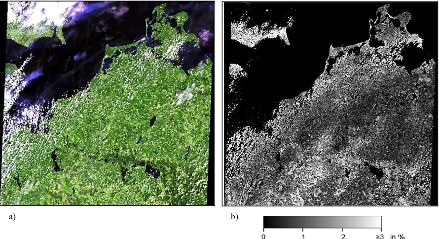 Figure 6a and b. The region of Mecklenburg-Western Pomerania in an atmospheric corrected Landsat-7 dataset (rgb – ETM+ bands 7,5,3) on 2nd June 2000 with LECT for real Sun (a) in comparison with the relative deviation of  NDVI when using a time offset for 