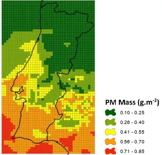 Figure 5 presents a particulate matter mass field for Portugal, for a specific hour of day as an example